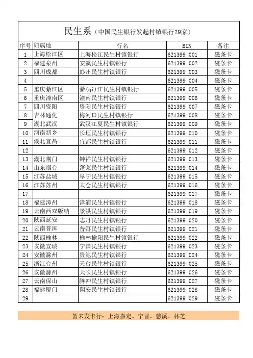 民生村镇银行目录与BIN