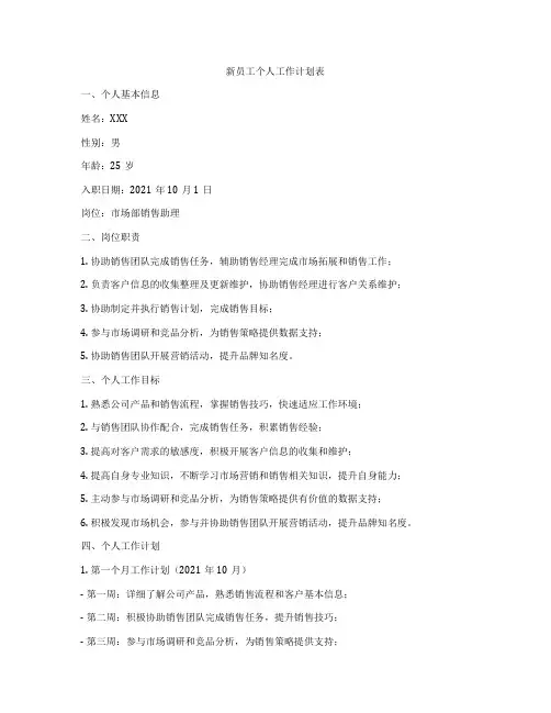 新员工个人工作计划表