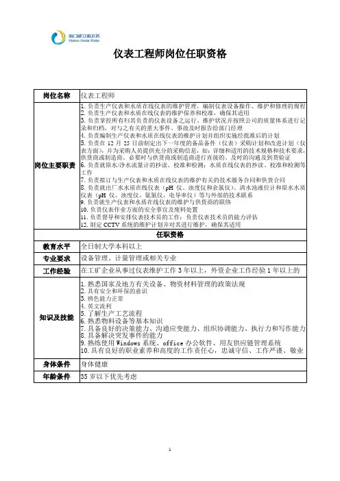 仪表工程师岗位任职资格