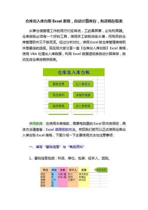 仓库出入库台账Excel表格，自动计算库存，有进销存报表