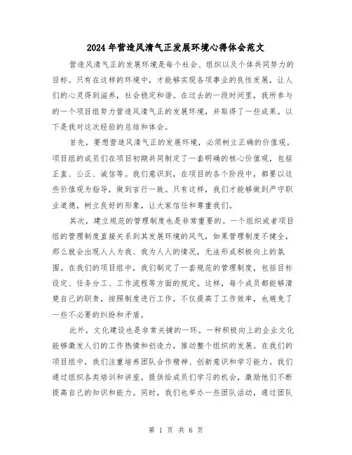 2024年营造风清气正发展环境心得体会范文(三篇)