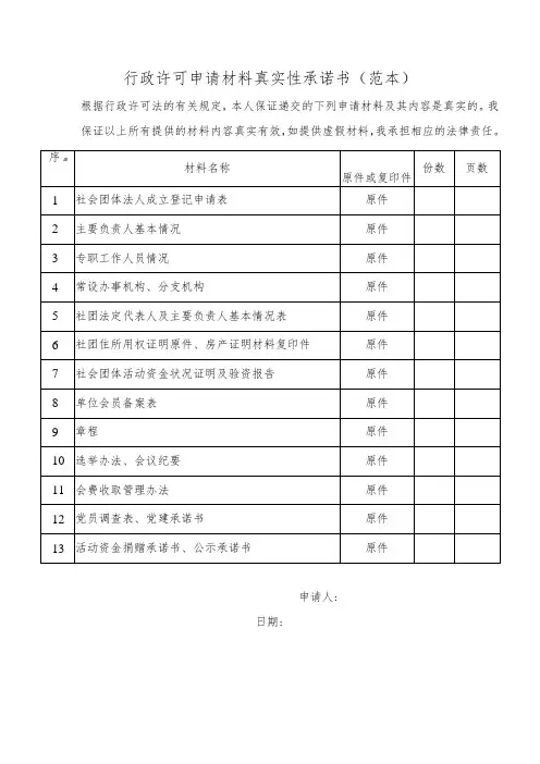 行政许可申请材料真实性承诺书(范本)