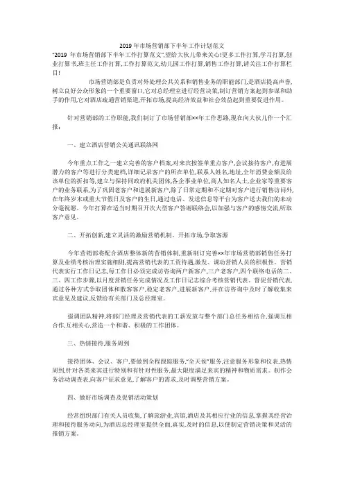 2019年市场营销部下半年工作计划范文
