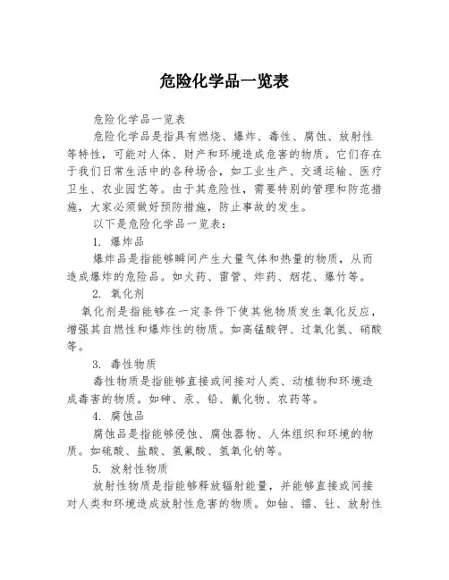 危险化学品一览表