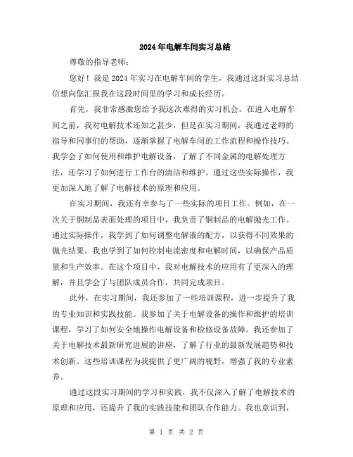 2024年电解车间实习总结
