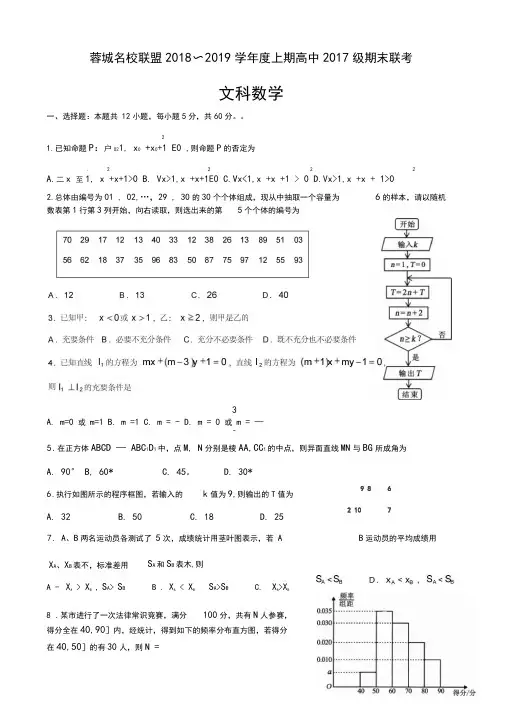四川省成都市蓉城名校联盟2018～2019学年度上期高中2017级期末联考