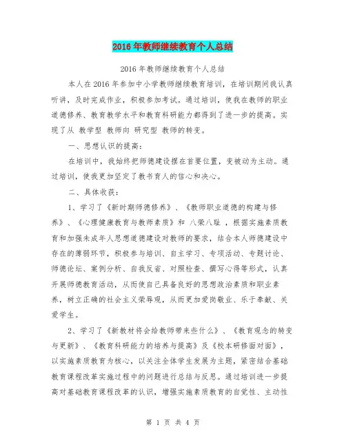 2016年教师继续教育个人总结