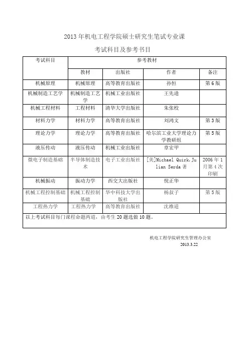 2013年中南大学机电工程学院复试笔试专业课考试科目及参考书目