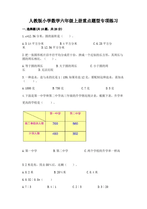人教版小学数学六年级上册重点题型专项练习及完整答案(典优)