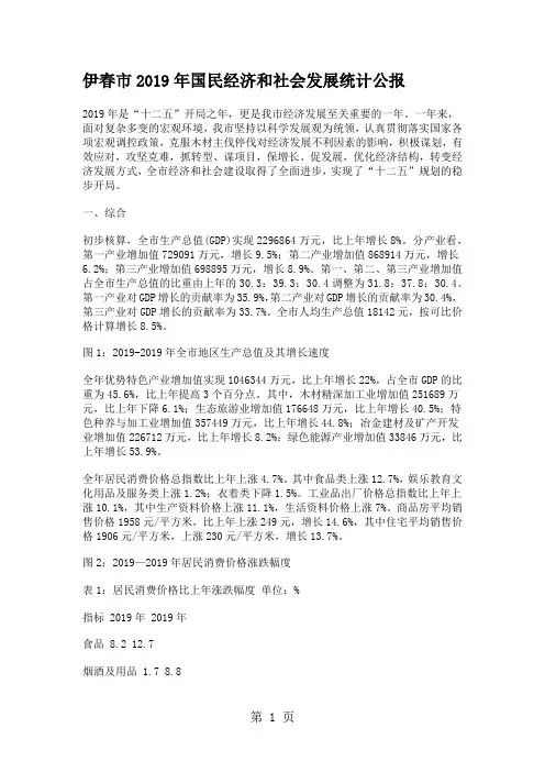 伊春市2019年国民经济和社会发展统计公报-10页word资料