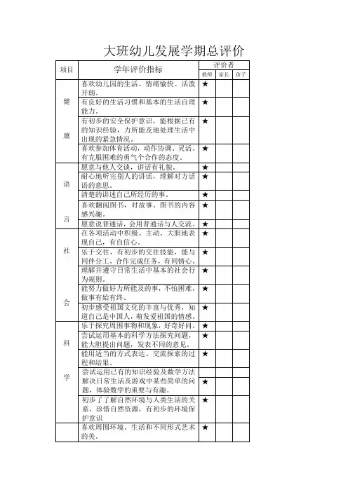 大班幼儿发展学期总评价