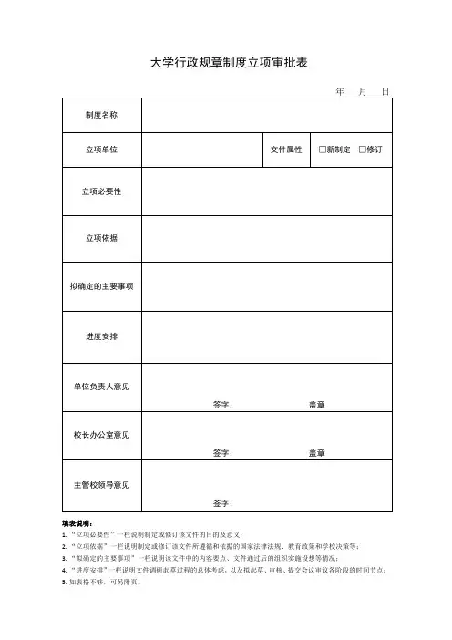 大学行政规章制度立项审批表