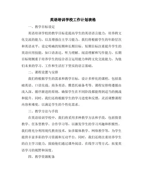 英语培训学校工作计划表格