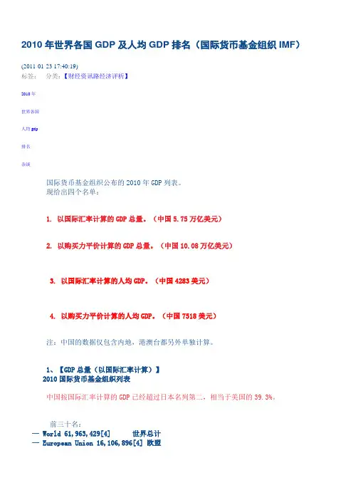2010年世界各国GDP及人均GDP排名(国际货币基金组织IMF)