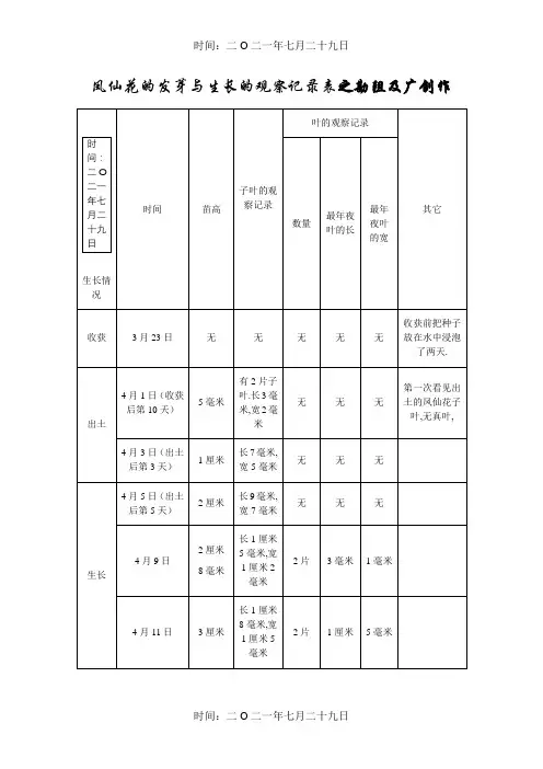 凤仙花的发芽与生长的观察记录表