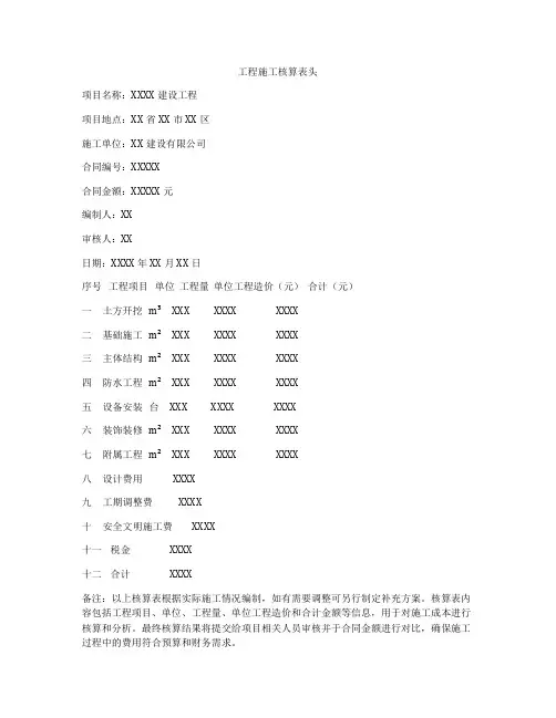 工程施工核算表头