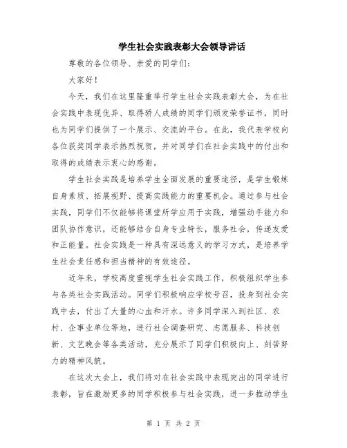 学生社会实践表彰大会领导讲话