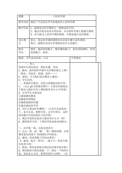 一年级上册科学教案-1.3上好科学课l   苏教版