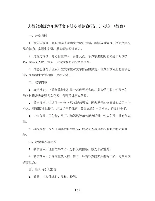 人教部编版六年级语文下册6 骑鹅旅行记(节选)(教案)