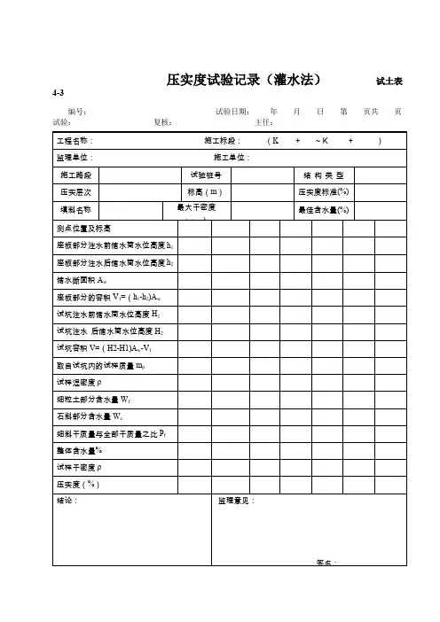 压实度试验记录表(灌水法) 试土表4-3