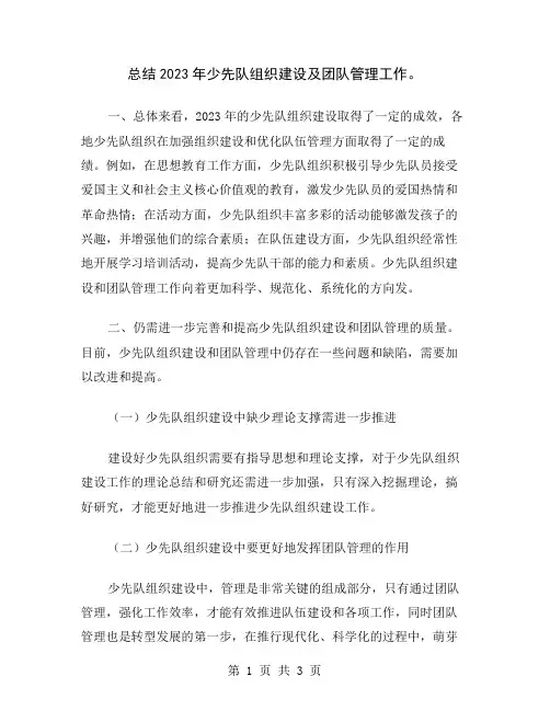 总结2023年少先队组织建设及团队管理工作