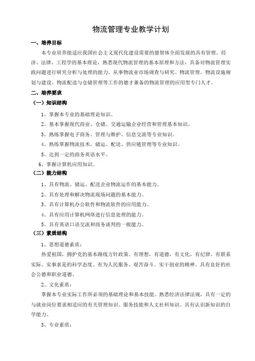 物流管理专业教学计划(样板)