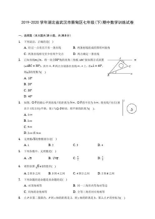 2019-2020学年湖北省武汉市蔡甸区七年级(下)期中数学训练试卷(含答案解析)