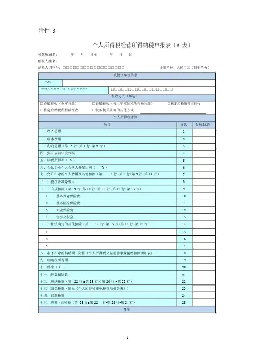 2020年新表：个人所得税经营所得纳税申报表(A表)