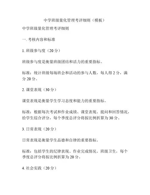中学班级量化管理考评细则(模板)