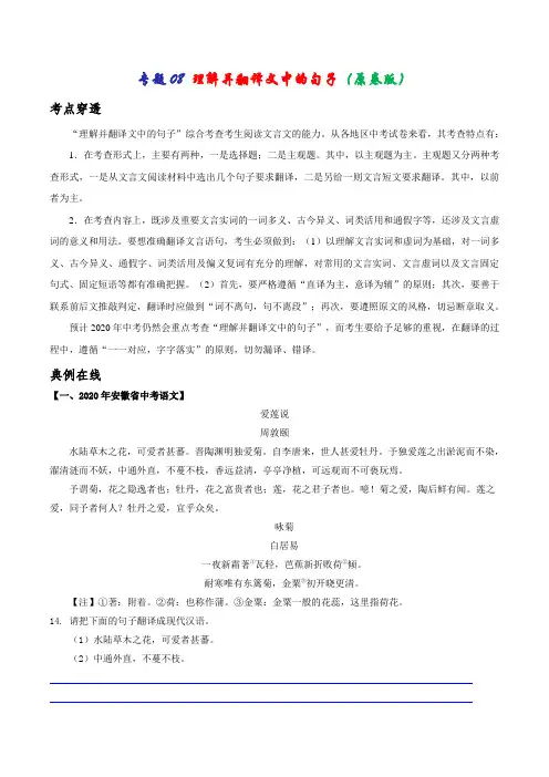 专题08 理解并翻译文中的句子(原卷版)-2021年中考语文考前抓大分技法之文言文阅读
