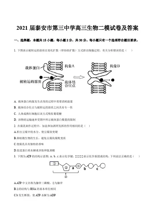 2021届泰安市第三中学高三生物二模试卷及答案
