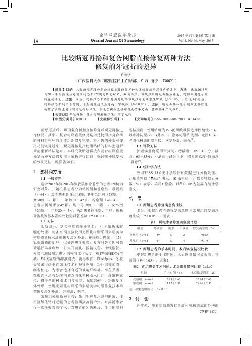 比较断冠再接和复合树脂直接修复两种方法修复前牙冠折的差异