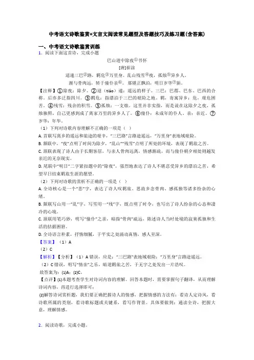 中考语文诗歌鉴赏+文言文阅读常见题型及答题技巧及练习题(含答案)