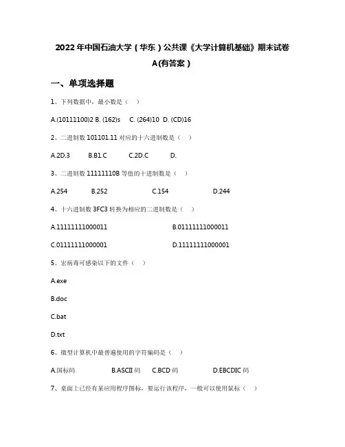 2022年中国石油大学(华东)公共课《大学计算机基础》期末试卷A(有答案)