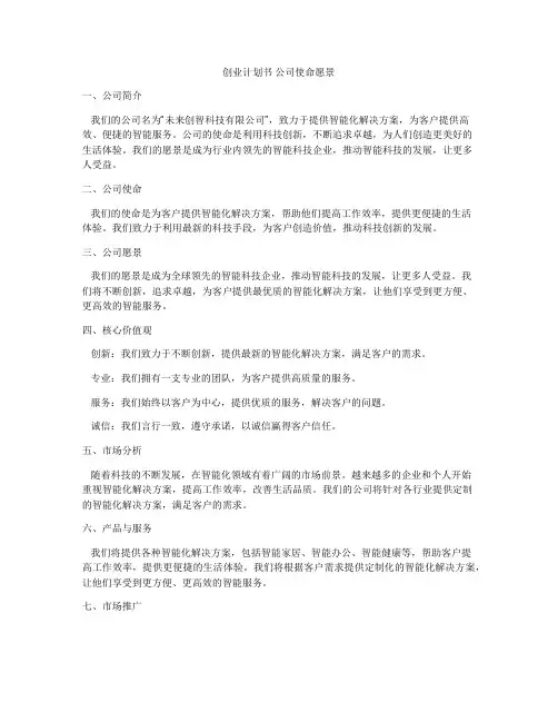 创业计划书 公司使命愿景