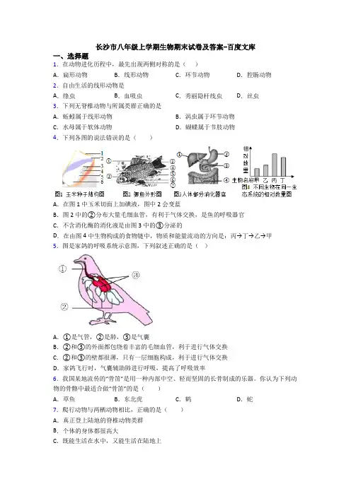 长沙市八年级上学期生物期末试卷及答案-百度文库