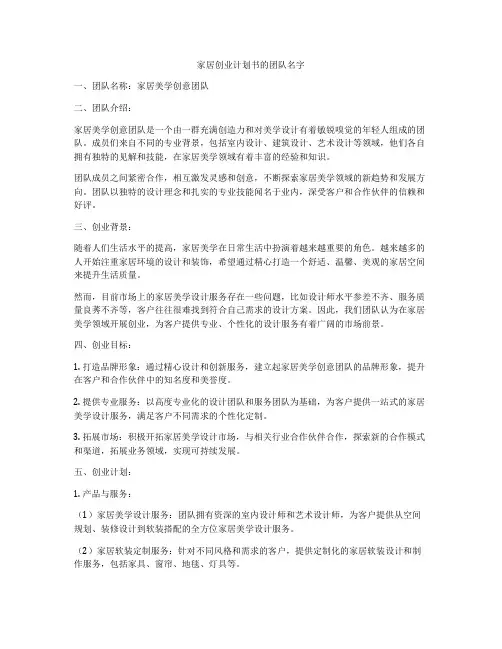 家居创业计划书的团队名字