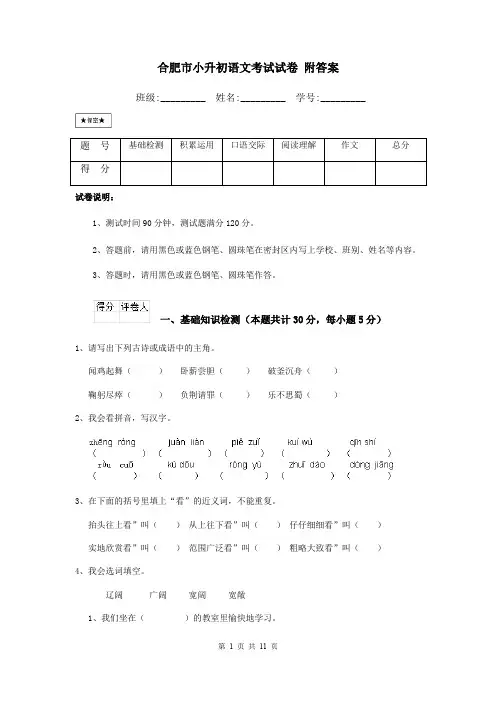 合肥市小升初语文考试试卷 附答案