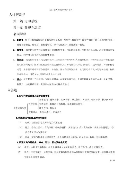人体解剖学(左)重点知识总结