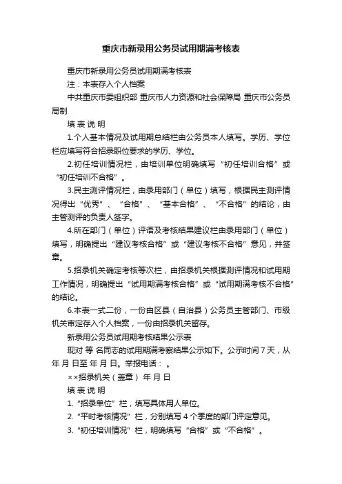 重庆市新录用公务员试用期满考核表