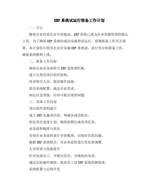 ERP系统试运行准备工作计划
