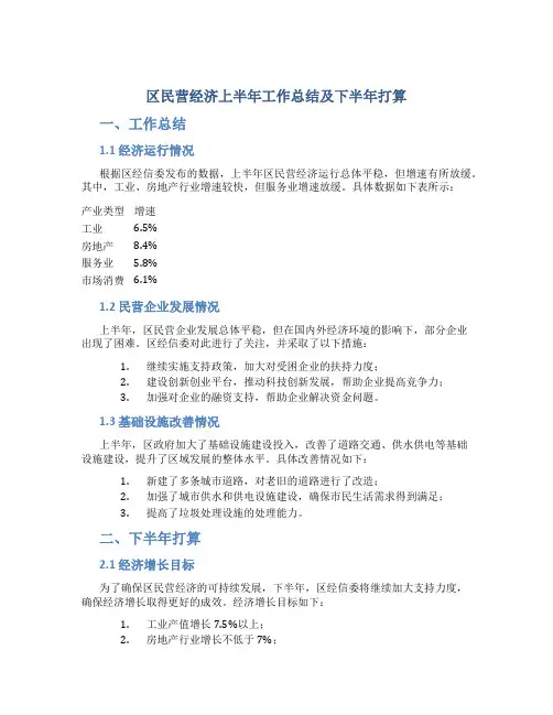 区民营经济上半年工作总结及下半年打算