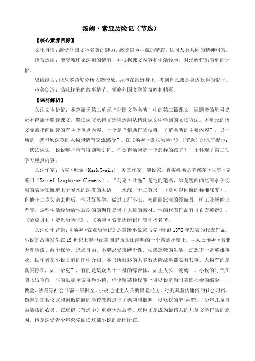部编版小学语文六年级下册《汤姆 索亚历险记》(节选)优质教案