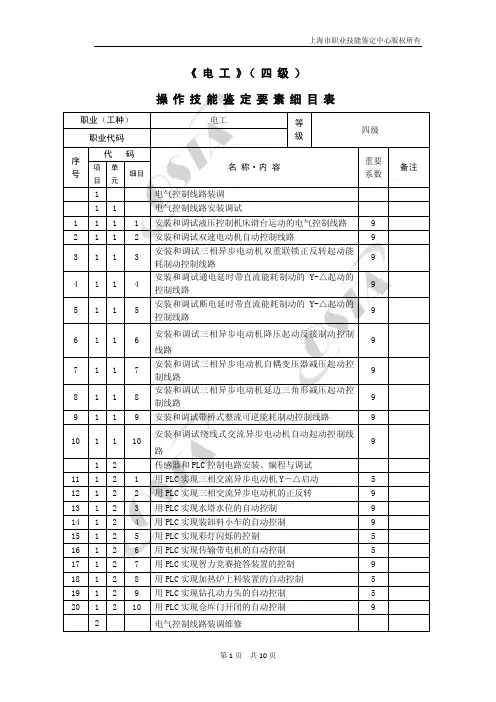 《电工》(四级)操作技能鉴定要素细目表
