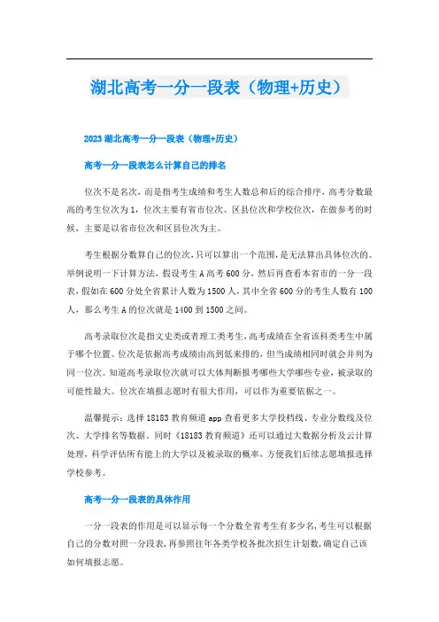 湖北高考一分一段表(物理+历史)