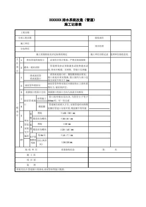 排水管道、检查井、雨水井验收记录表
