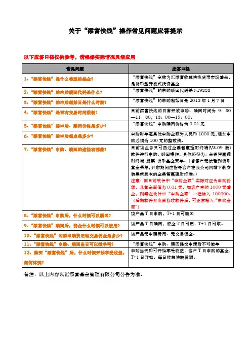 关于添富快线操作常见问题应答提示