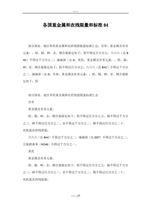 各国重金属和农残限量和标准