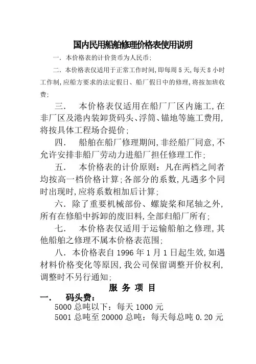 国内民用船舶修理价格表