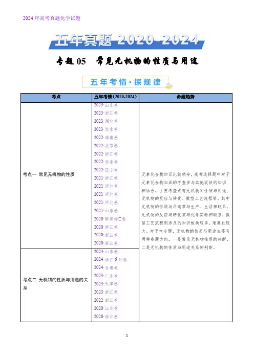 专题05 常见无机物的性质与用途-五年(2020-2024)高考化学真题分类汇编(原卷版)